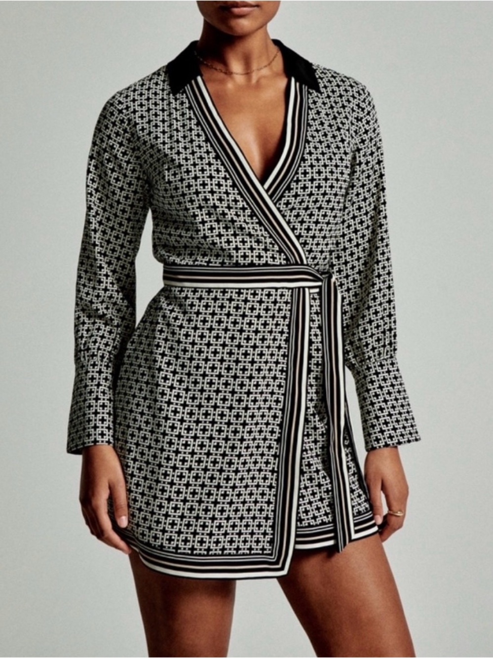 Abercrombie & Fitch Black and White Geometric Wrap Dress